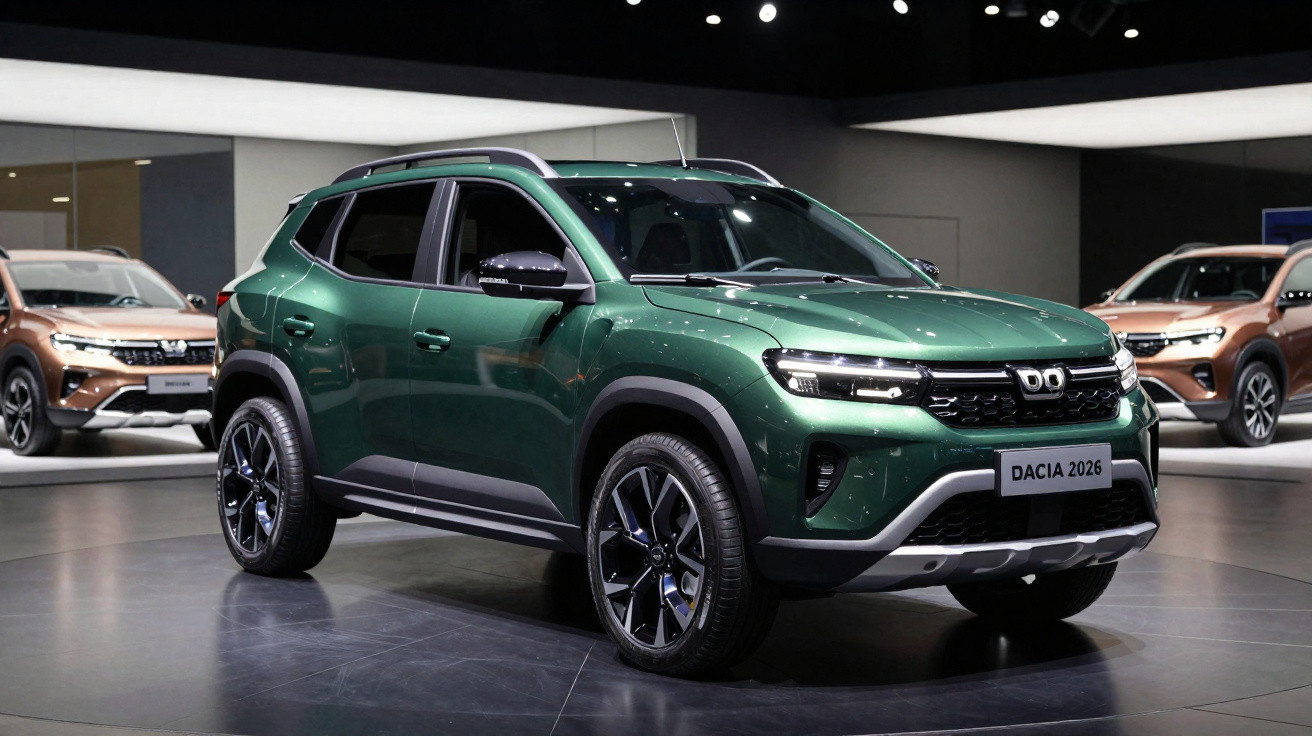 SUV vert foncé Dacia 2026 exposé en showroom avec autres modèles en arrière-plan.