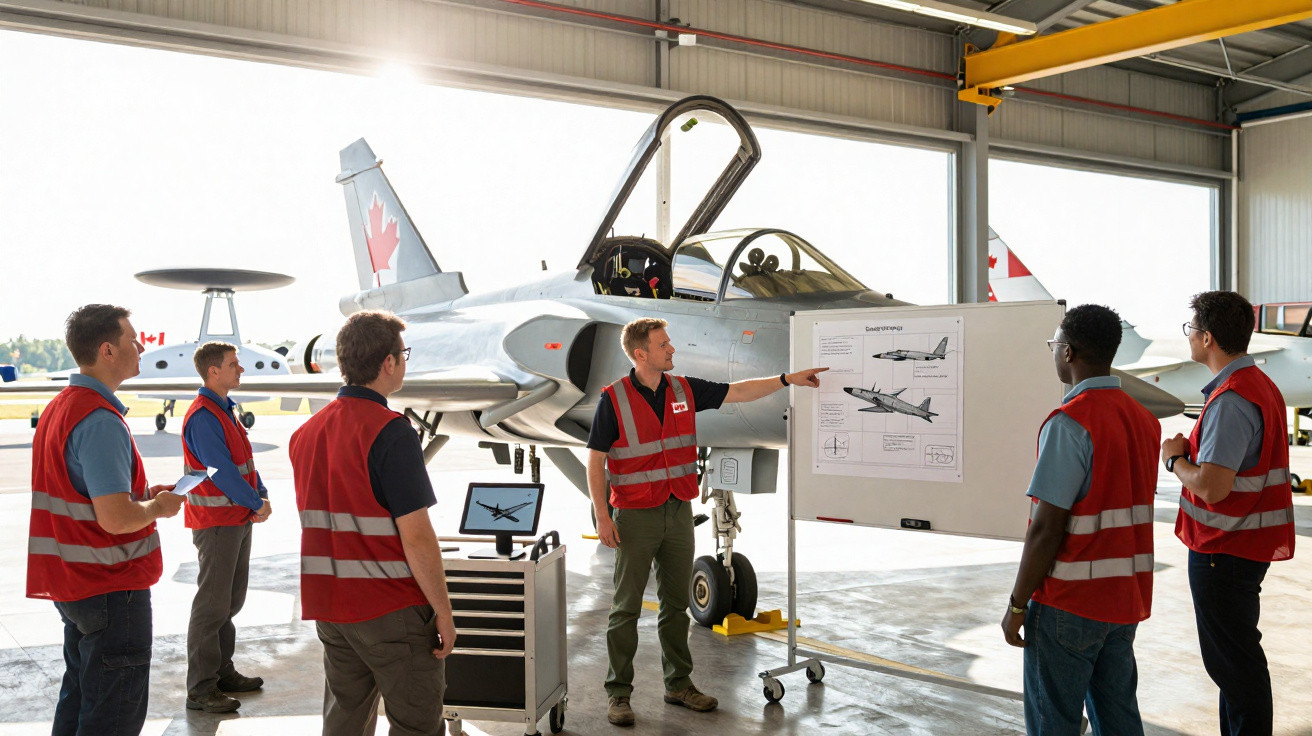 Un instructeur en gilet réfléchissant explique des schémas d’avion à un groupe de techniciens dans un hangar.