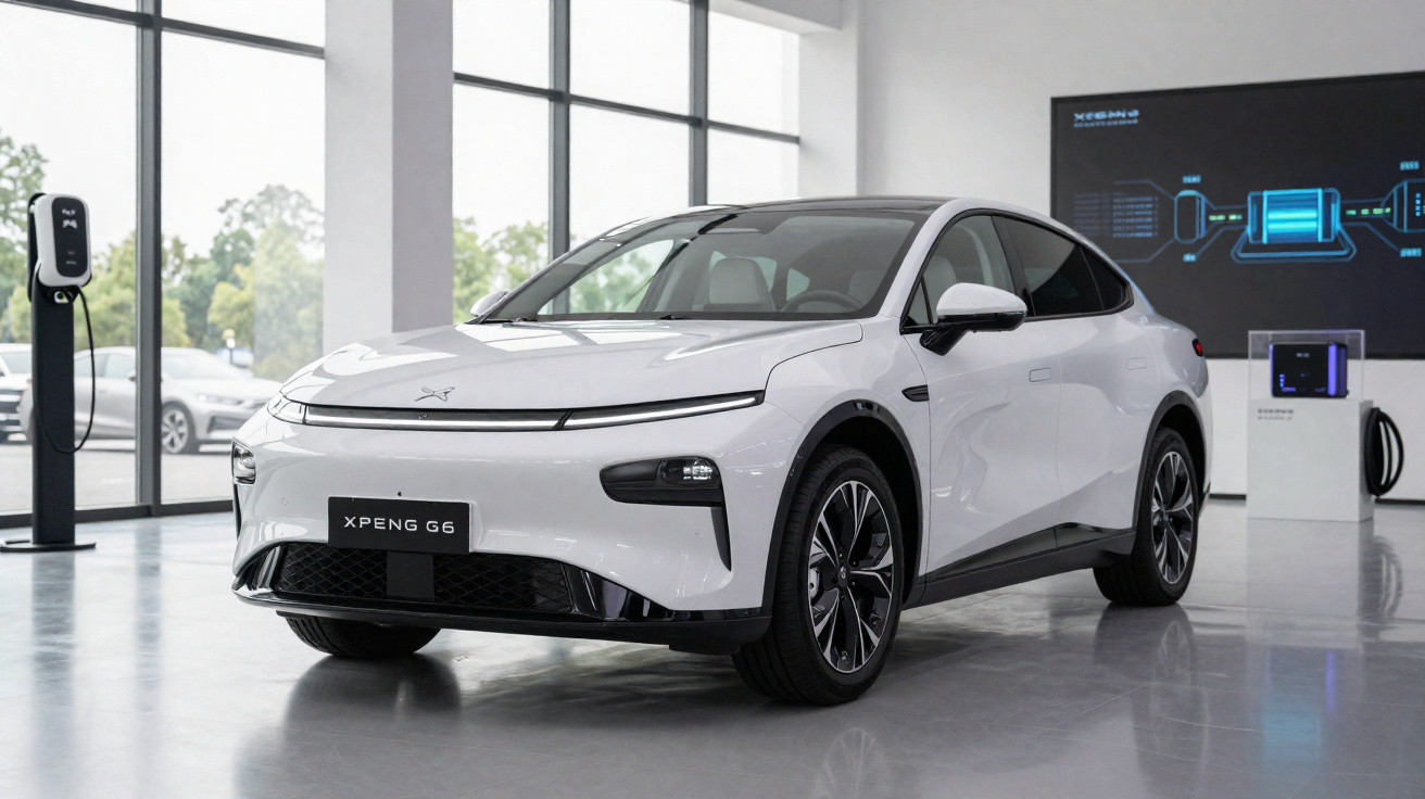 Voiture électrique blanche XPeng G6 exposée dans un showroom moderne avec bornes de recharge.