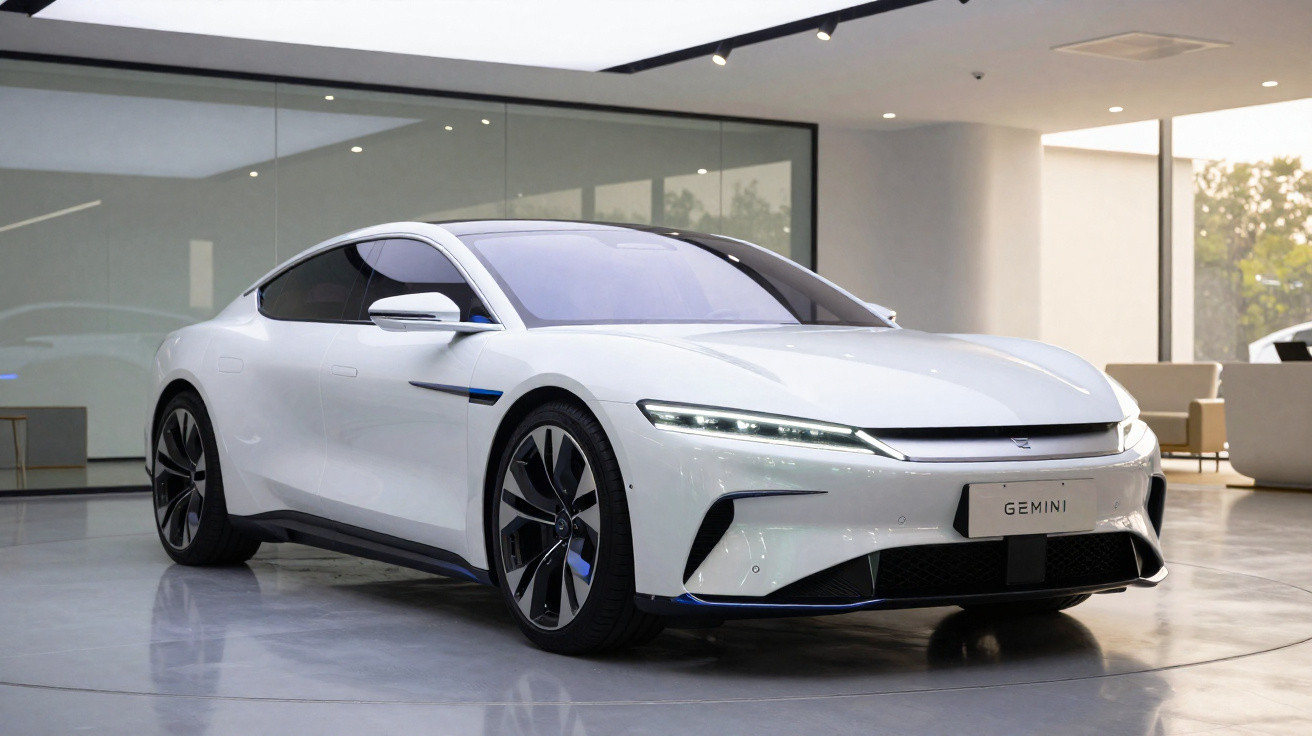 Voiture électrique blanche moderne GEMINI exposée dans un showroom lumineux avec grandes vitres.
