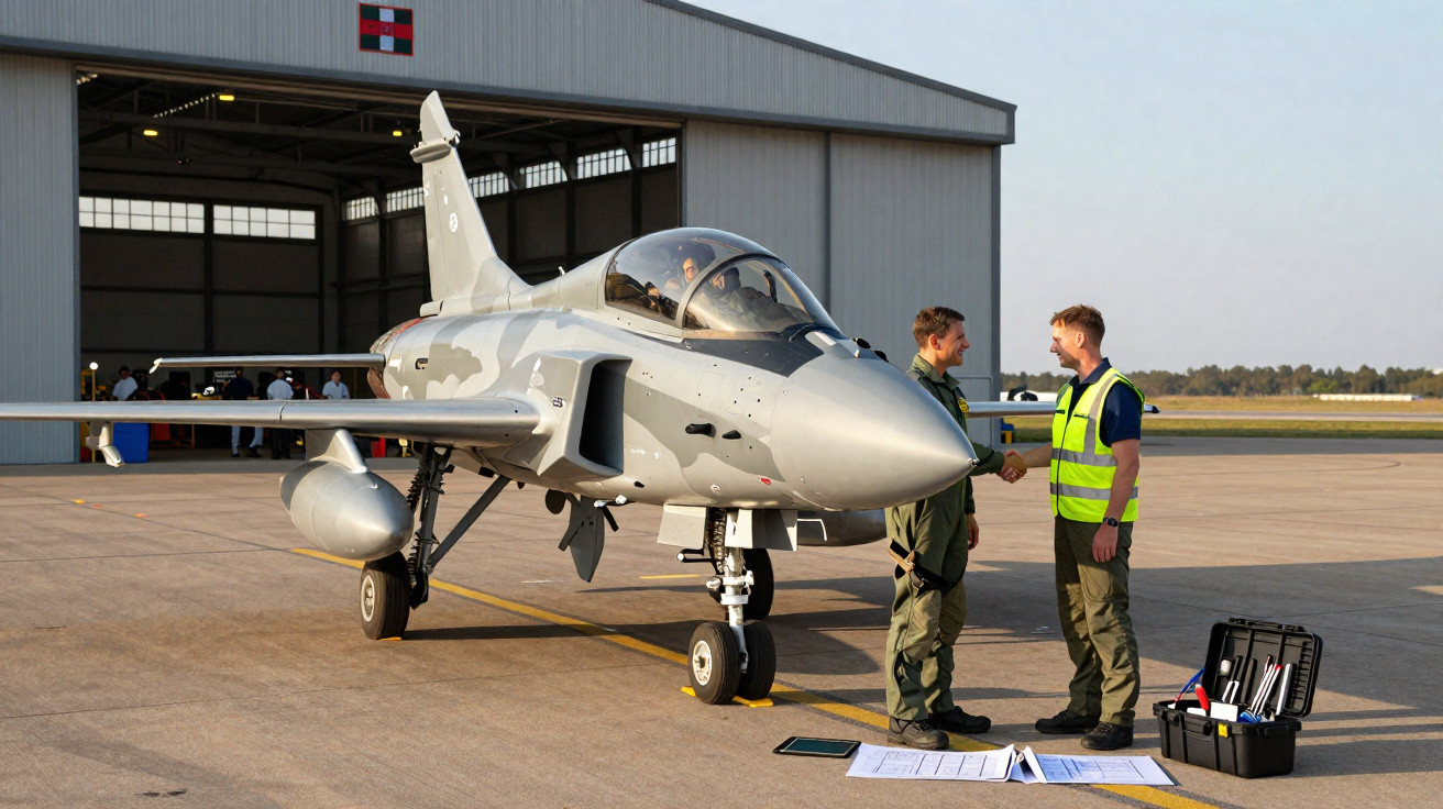 Avion de chasse au sol devant un hangar, deux hommes discutant à côté d'une valise à outils ouverte.