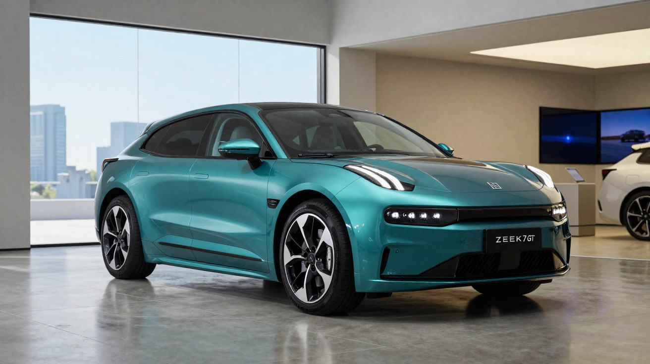Voiture électrique ZEEKR 001 verte exposée dans un showroom moderne avec sol en béton poli.