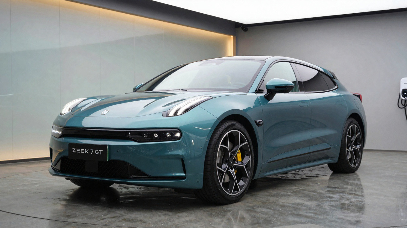 Voiture électrique ZEEK 7 GT bleue dans un showroom moderne avec sol en béton poli.