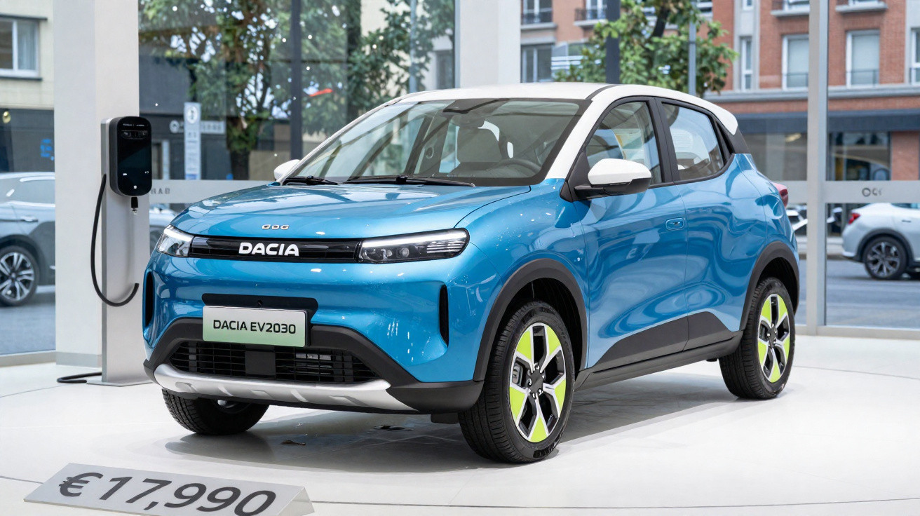 Voiture électrique Dacia EV2030 bleue en exposition, connectée à une borne de recharge dans un showroom urbain.