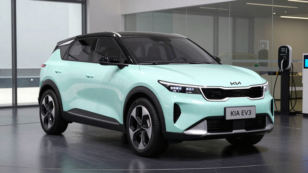 Voiture électrique Kia EV3 bleu clair garée dans un showroom moderne, vue avant trois-quarts.