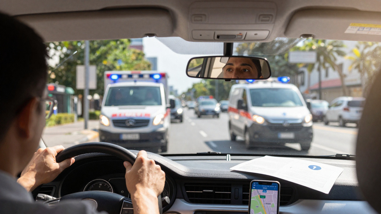 Vue depuis l'intérieur d'une voiture, un conducteur regarde deux ambulances arrivant derrière avec sirènes allumées.