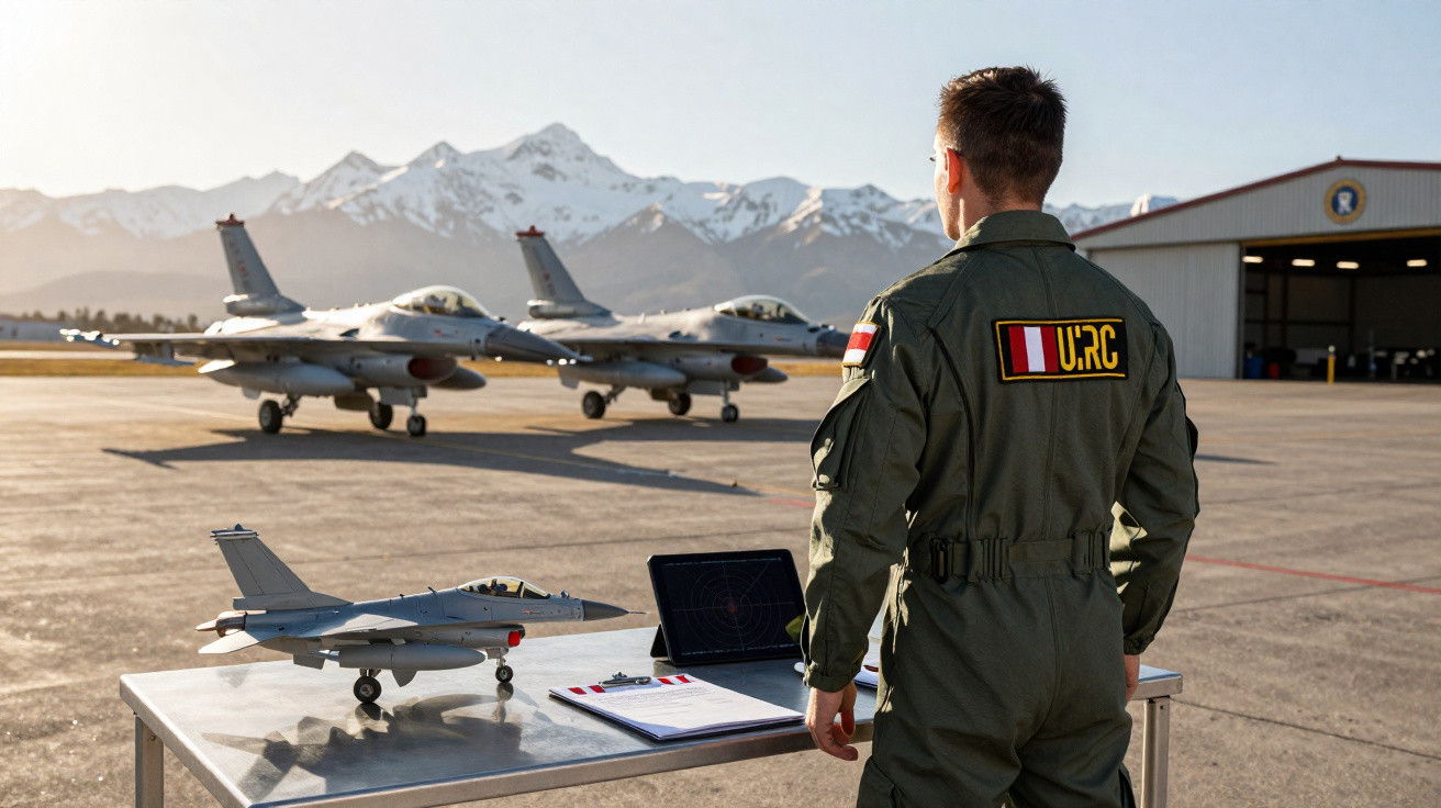 Un militaire en combinaison observe des avions de chasse F-16 au sol avec des montagnes enneigées en arrière-plan.