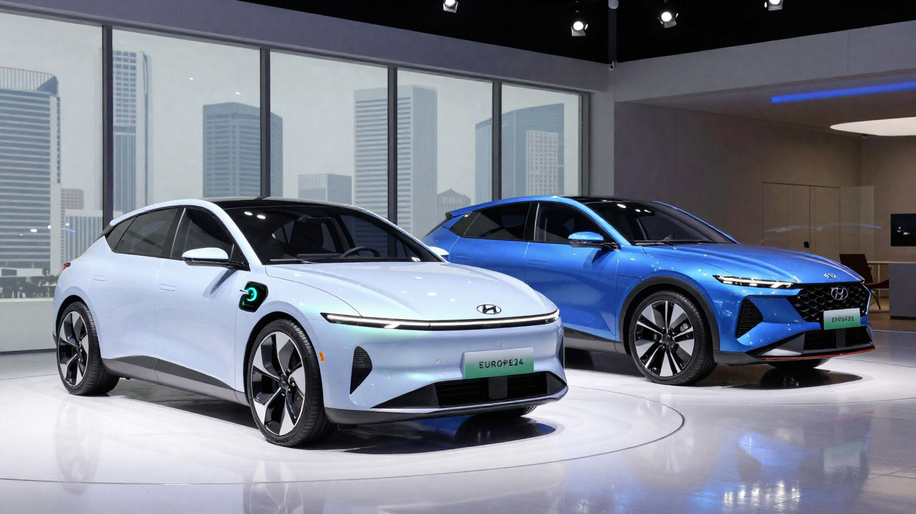 Deux voitures électriques modernes, une blanche et une bleue, exposées dans un showroom design avec vue urbaine.