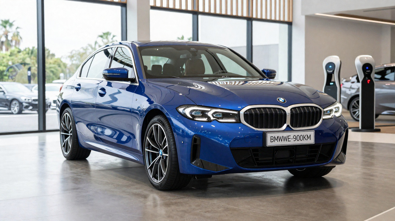 Voiture berline BMW bleue stationnée dans un showroom moderne avec bornes de recharge électriques en arrière-plan.