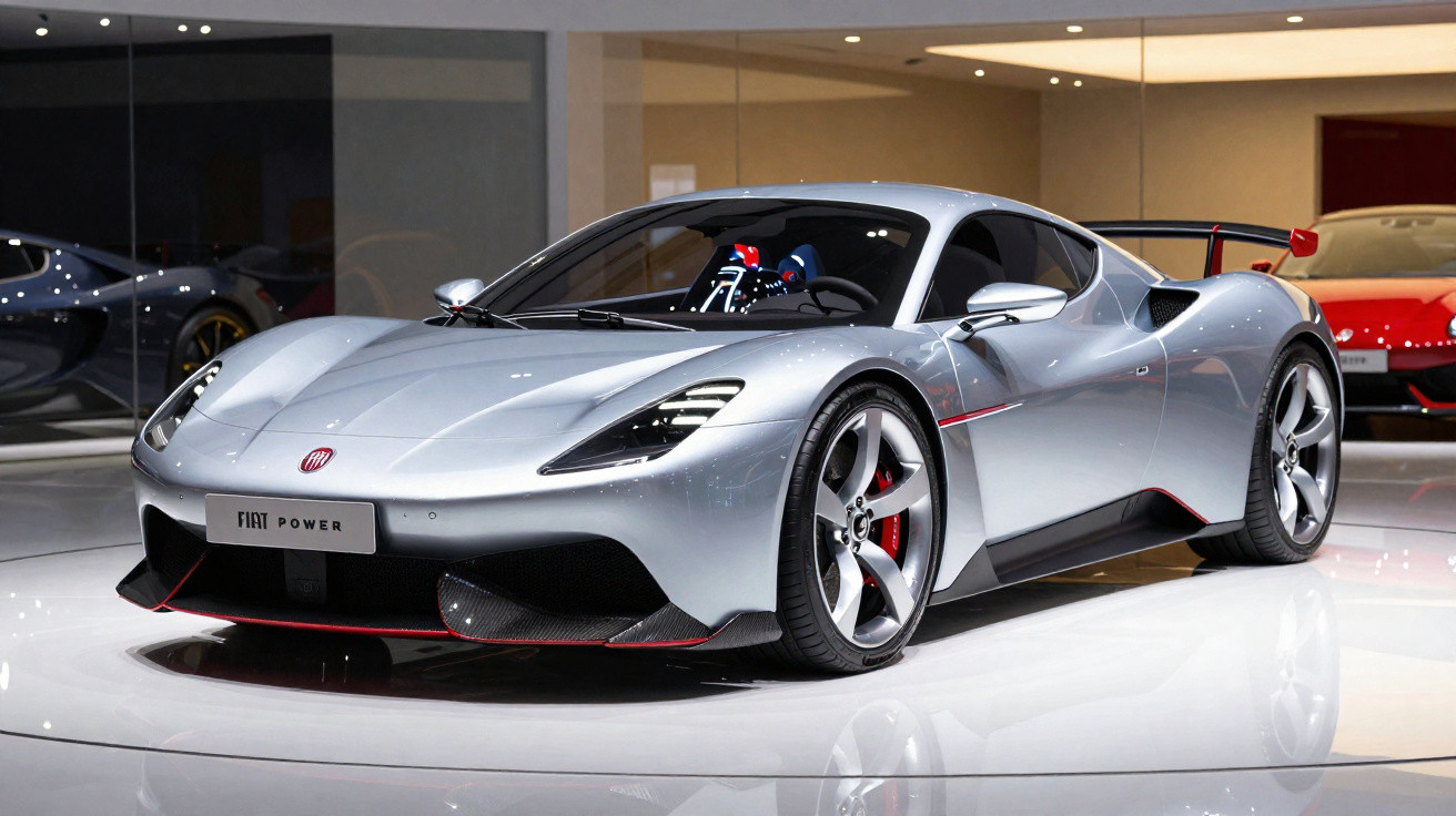Voiture de sport grise Fiat Power exposée dans un showroom moderne avec éclairage lumineux et voitures en arrière-plan.