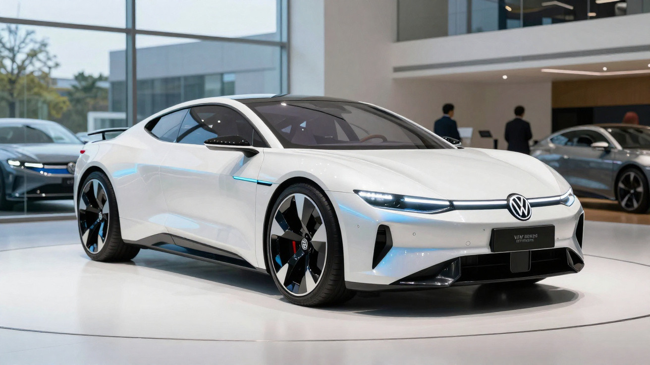 Voiture sportive Volkswagen électrique blanche exposée dans un showroom moderne avec d'autres véhicules en arrière-plan.