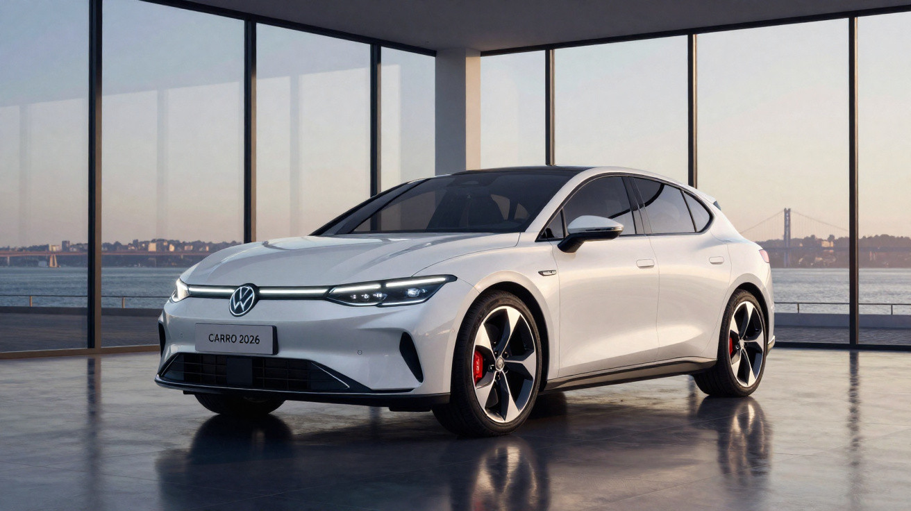 Voiture électrique blanche Volkswagen ID. Aero garée dans un showroom avec vue sur un pont au coucher du soleil.