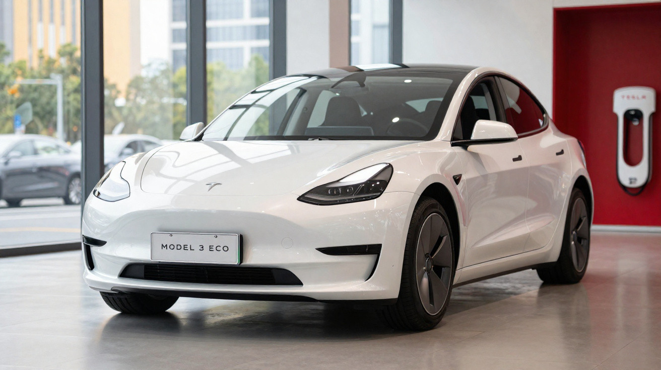 Voiture électrique blanche Tesla Model 3 Eco exposée dans un showroom moderne avec borne de recharge visible.