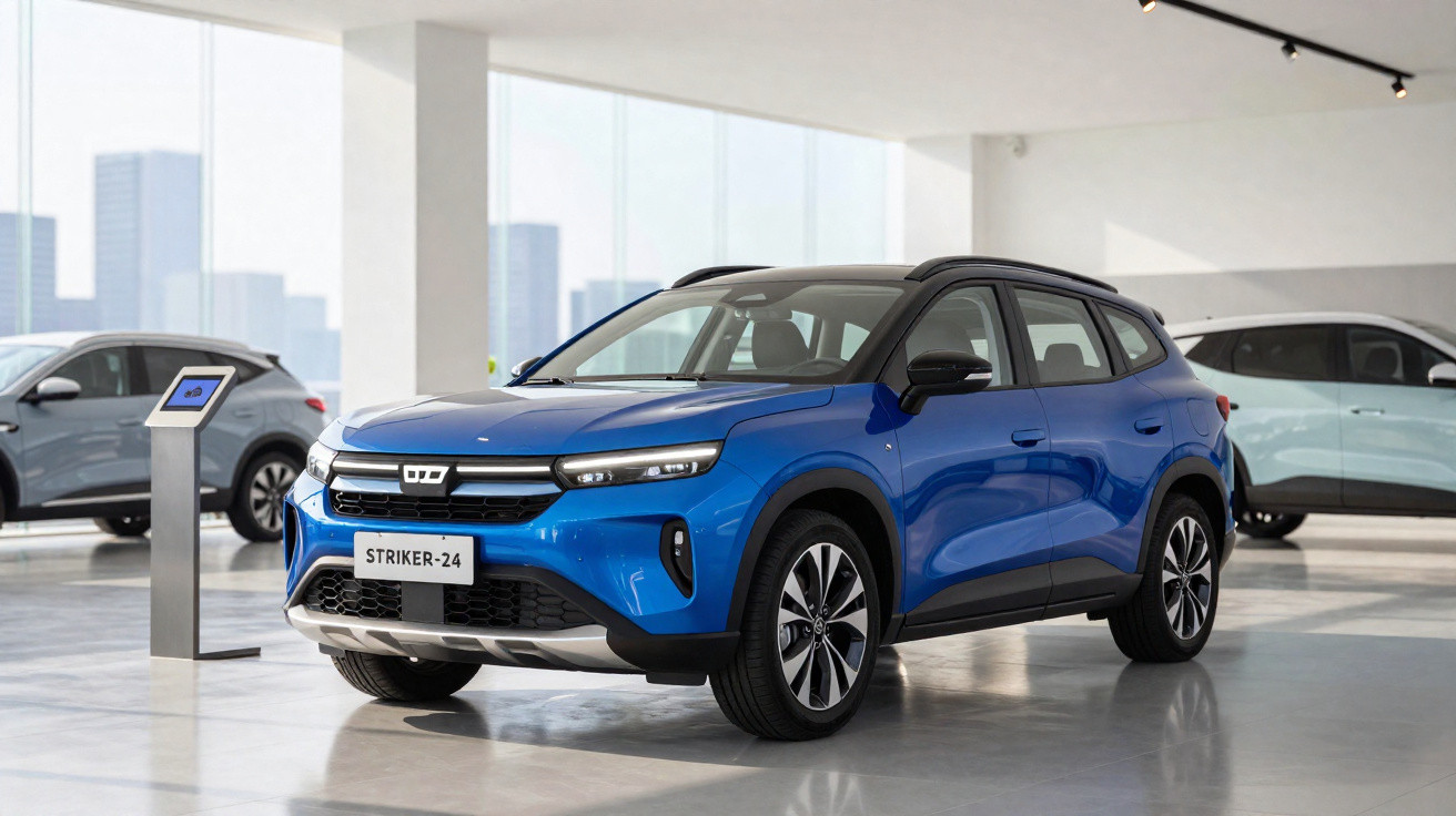Véhicule bleu électrique Striker-24 exposé dans un showroom lumineux avec vitres et autres voitures.