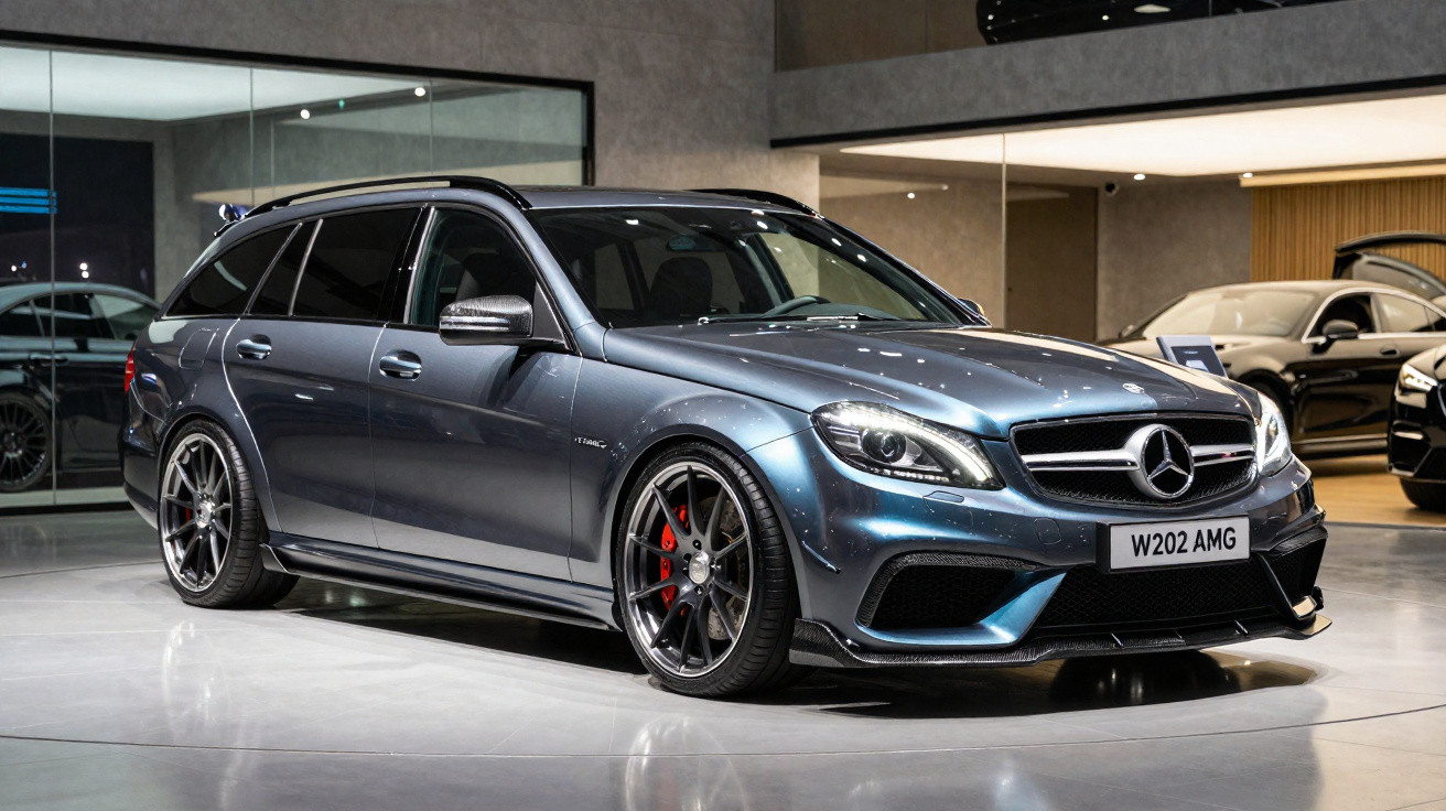 Mercedes-Benz AMG break grise métallisée exposée dans un showroom moderne et lumineux.