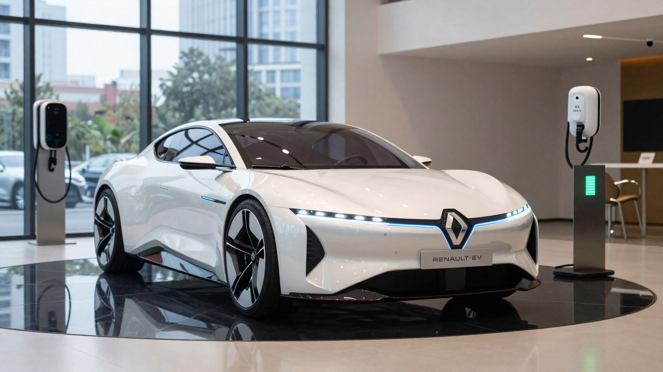 Voiture électrique blanche Renault exposée en intérieur avec bornes de recharge visible derrière.