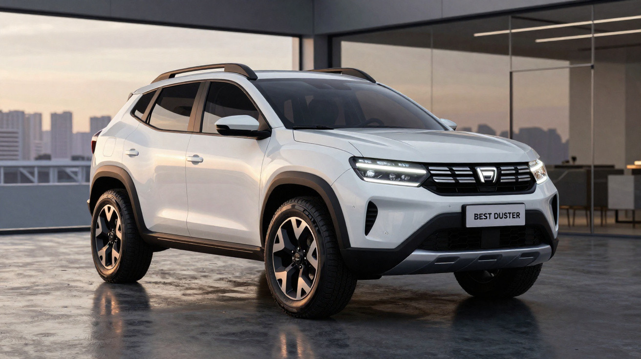 SUV blanc Dacia Best Duster garé devant un bâtiment moderne avec des fenêtres vitrées au coucher du soleil.