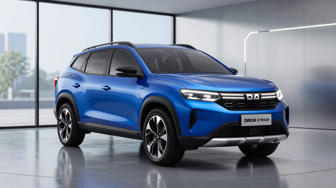 SUV Dacia Striker bleu garé dans un intérieur moderne avec grandes fenêtres et lumière naturelle.
