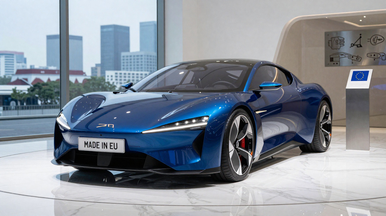 Voiture sportive électrique bleue brillante exposée dans un showroom moderne avec vue urbaine en arrière-plan.