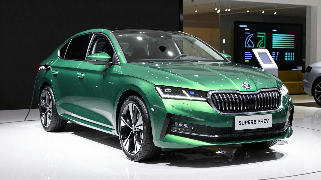 Voiture verte Škoda Superb PHEV exposée dans un showroom moderne avec éclairage réfléchissant.