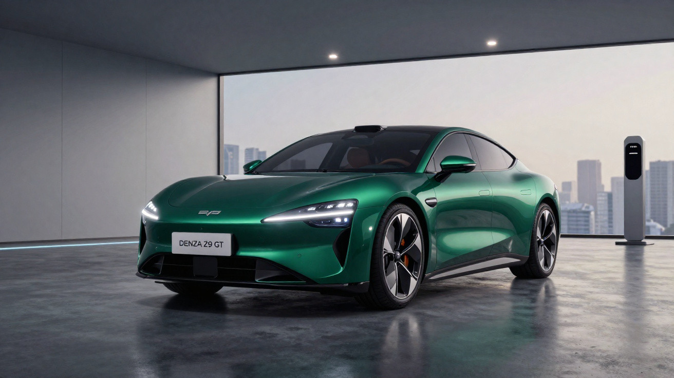 Voiture électrique de sport verte Denza Z9 GT garée dans un garage moderne avec borne de recharge.