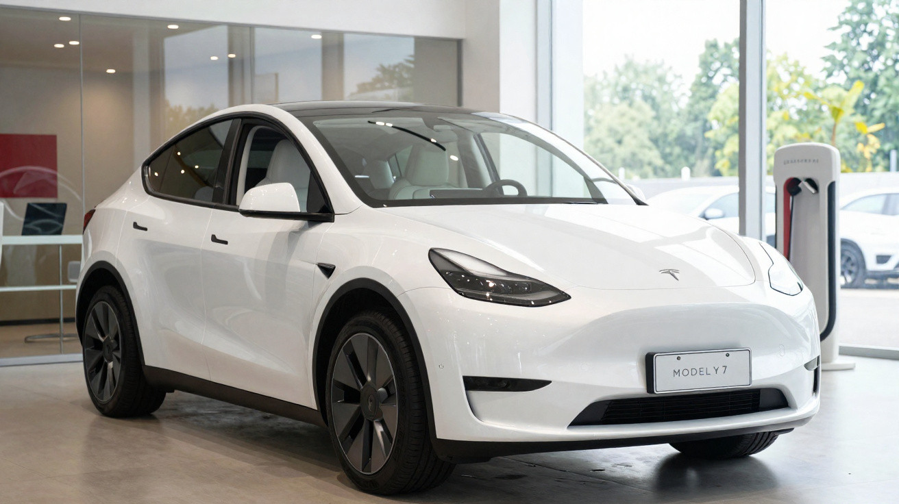 Voiture électrique blanche Tesla Model Y exposée dans un showroom moderne avec borne de recharge visible.