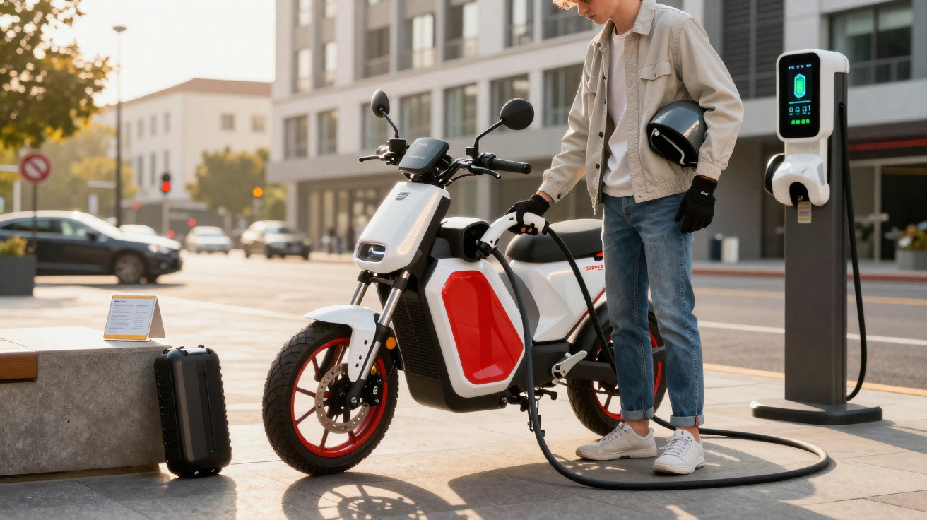 Homme rechargeant une moto électrique blanche et rouge à une borne de recharge urbaine moderne.
