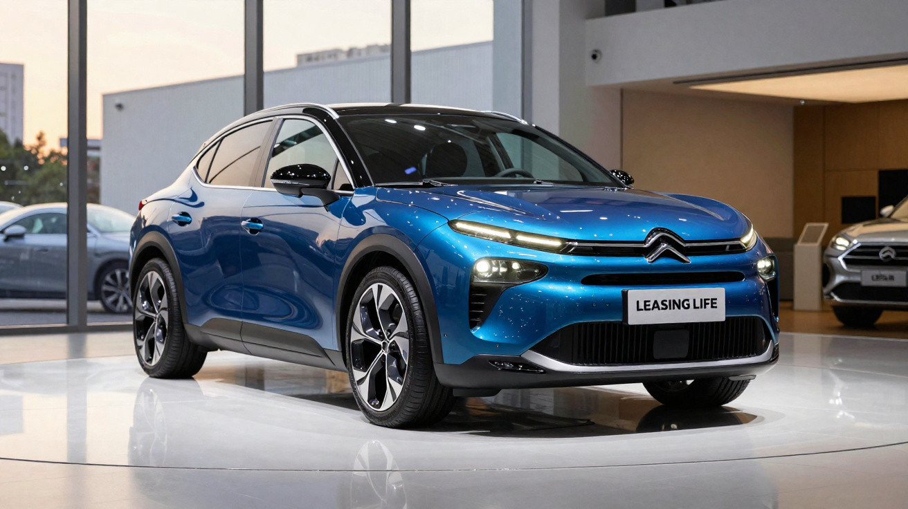 Voiture Citroën bleue brillante exposée en showroom avec plaque « LEASING LIFE » au premier plan.