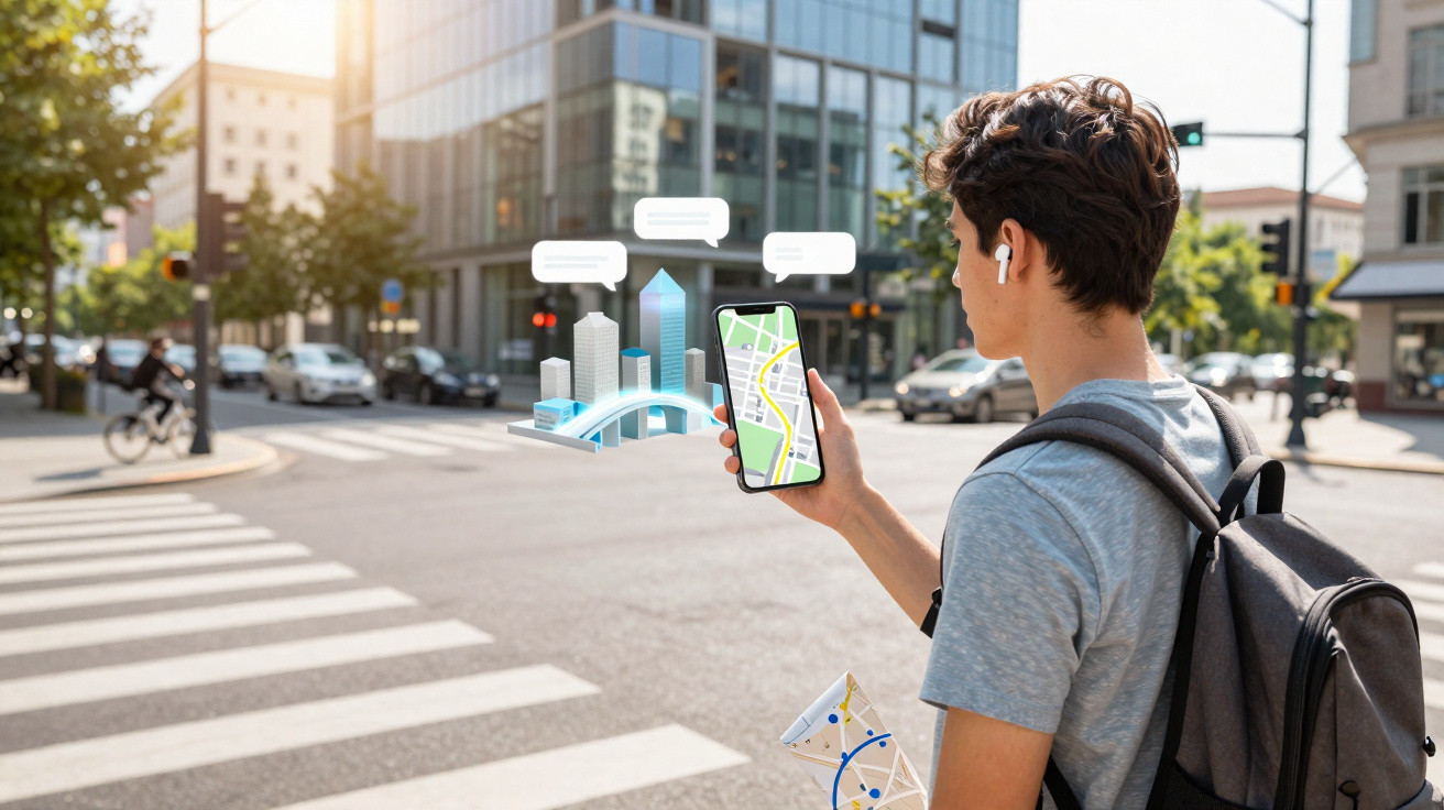 Jeune homme avec sac à dos utilisant un smartphone pour la navigation en ville devant un passage piéton.