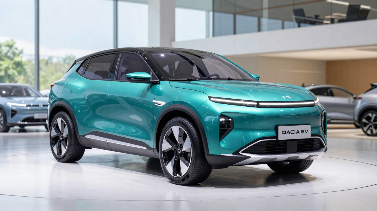 SUV électrique Dacia EV vert exposé en intérieur avec design moderne et lignes épurées.
