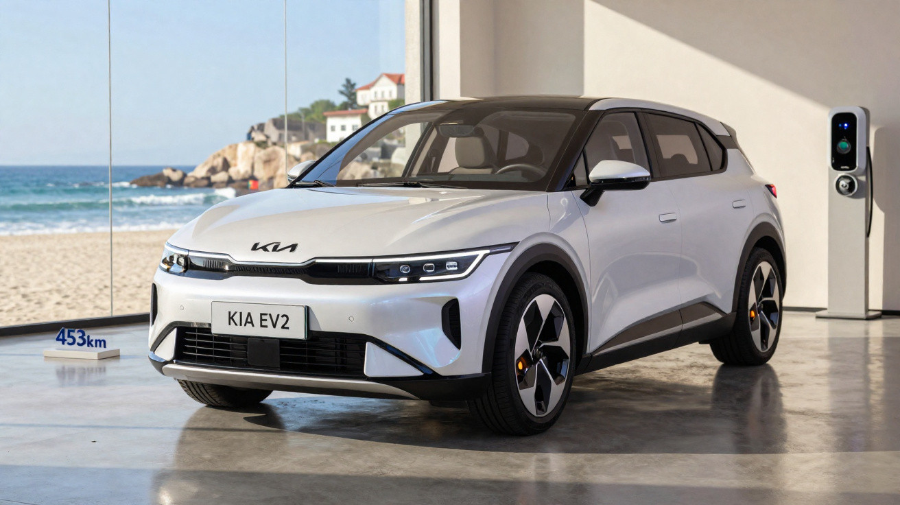Voiture électrique Kia EV2 blanche en charge, stationnée dans un garage lumineux avec vue sur la mer.