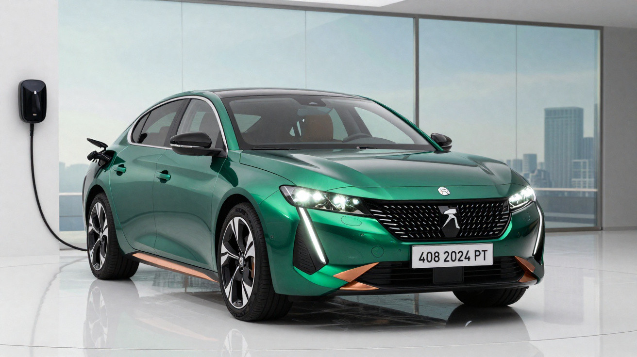 Voiture électrique Peugeot 408 verte en charge dans un garage moderne avec vue sur la ville.