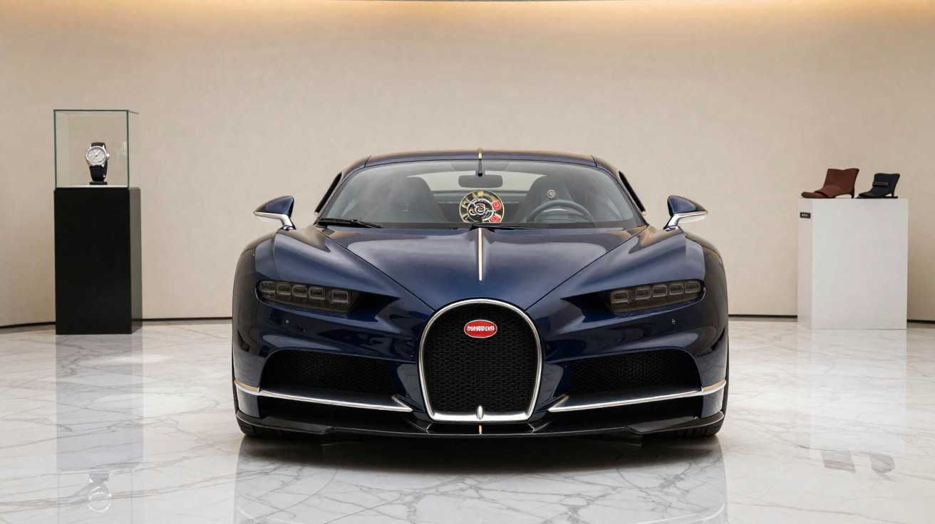 Voiture de sport Bugatti Chiron bleue vue de face dans un showroom épuré avec sol en marbre blanc.