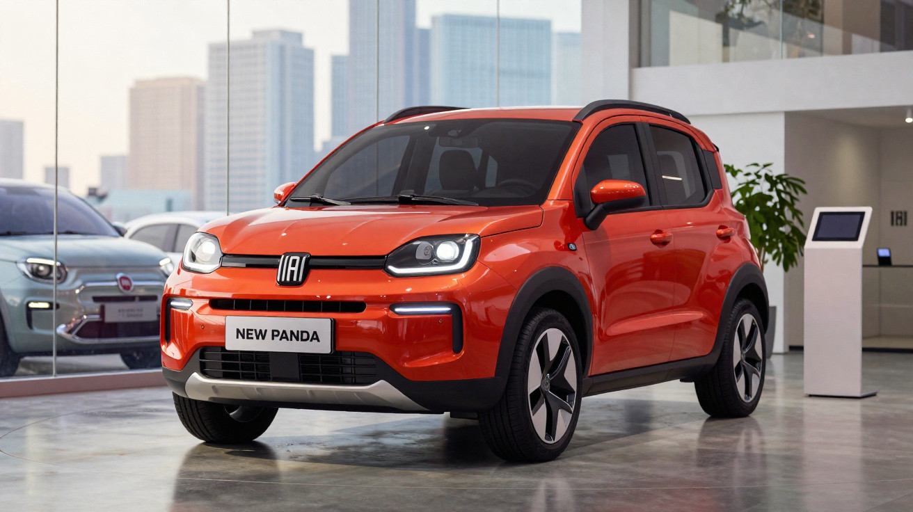 Voiture compacte orange Fiat New Panda exposée en intérieur avec arrière-plan de grandes fenêtres et ville floue.