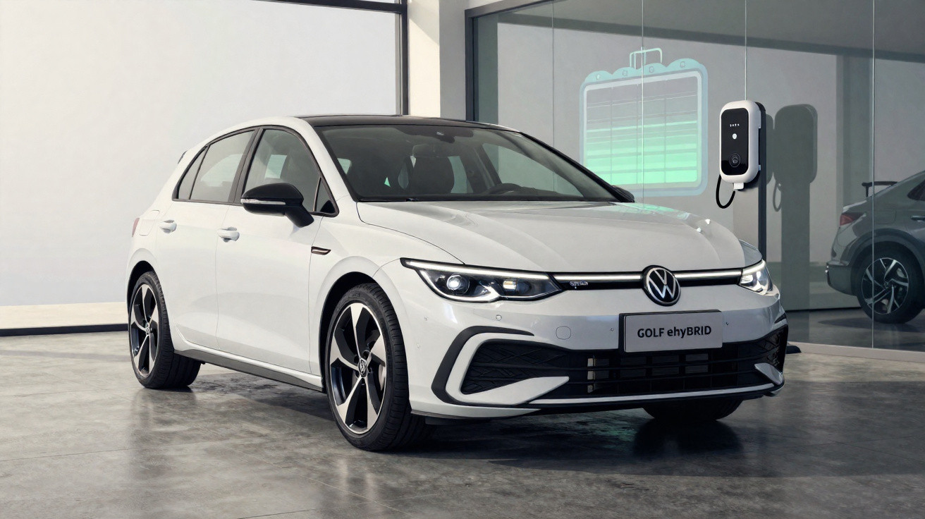 Voiture Volkswagen Golf eHybrid blanche garée près d’une borne de recharge électrique dans un garage moderne.