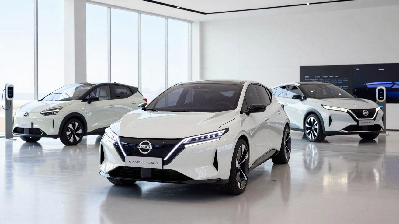 Trois voitures électriques Nissan blanches exposées dans un showroom moderne et lumineux.