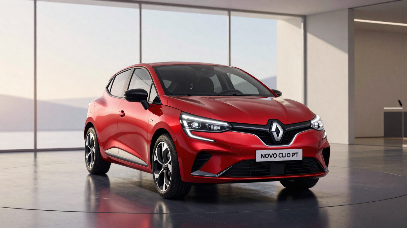 Voiture rouge Renault Novo Clio PT garée dans un espace intérieur moderne et lumineux.