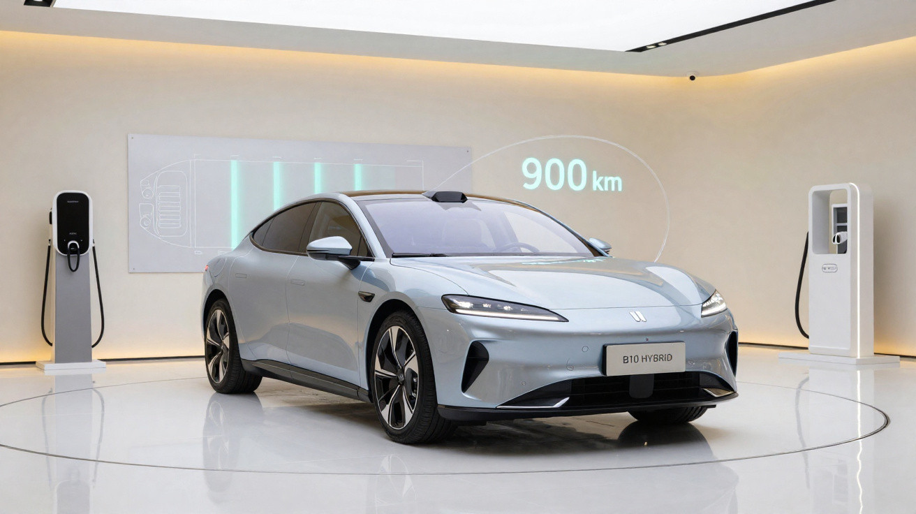 Voiture électrique grise B10 Hybrid en exposition, affichant une autonomie de 900 km, avec bornes de recharge.