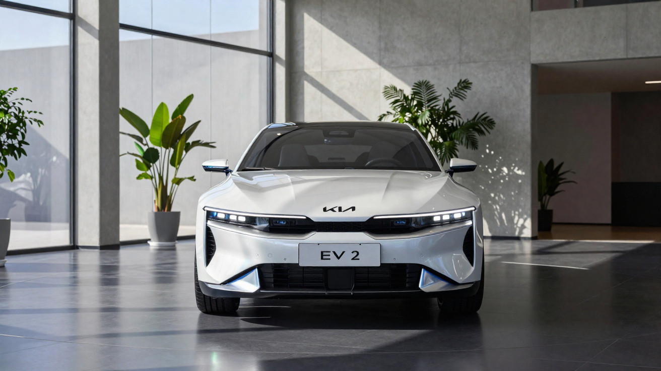 Voiture électrique Kia EV2 blanche, vue avant dans un showroom moderne avec grandes fenêtres et plantes.