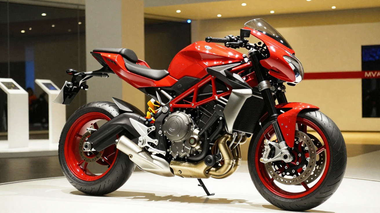 Moto sportive rouge exposée sur un socle blanc dans un espace moderne bien éclairé.