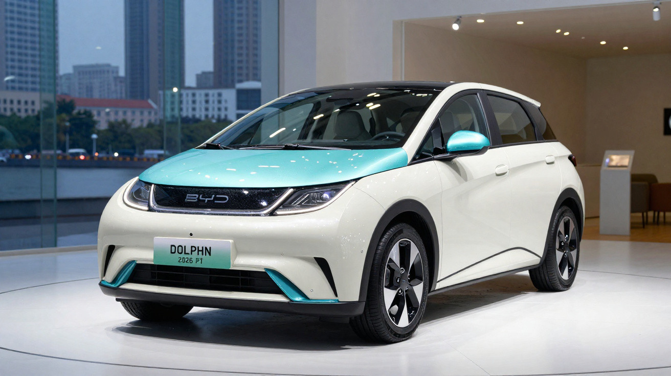 Voiture électrique BYD Dolphin 2026 blanche et bleue exposée dans un showroom moderne avec vue sur la ville.