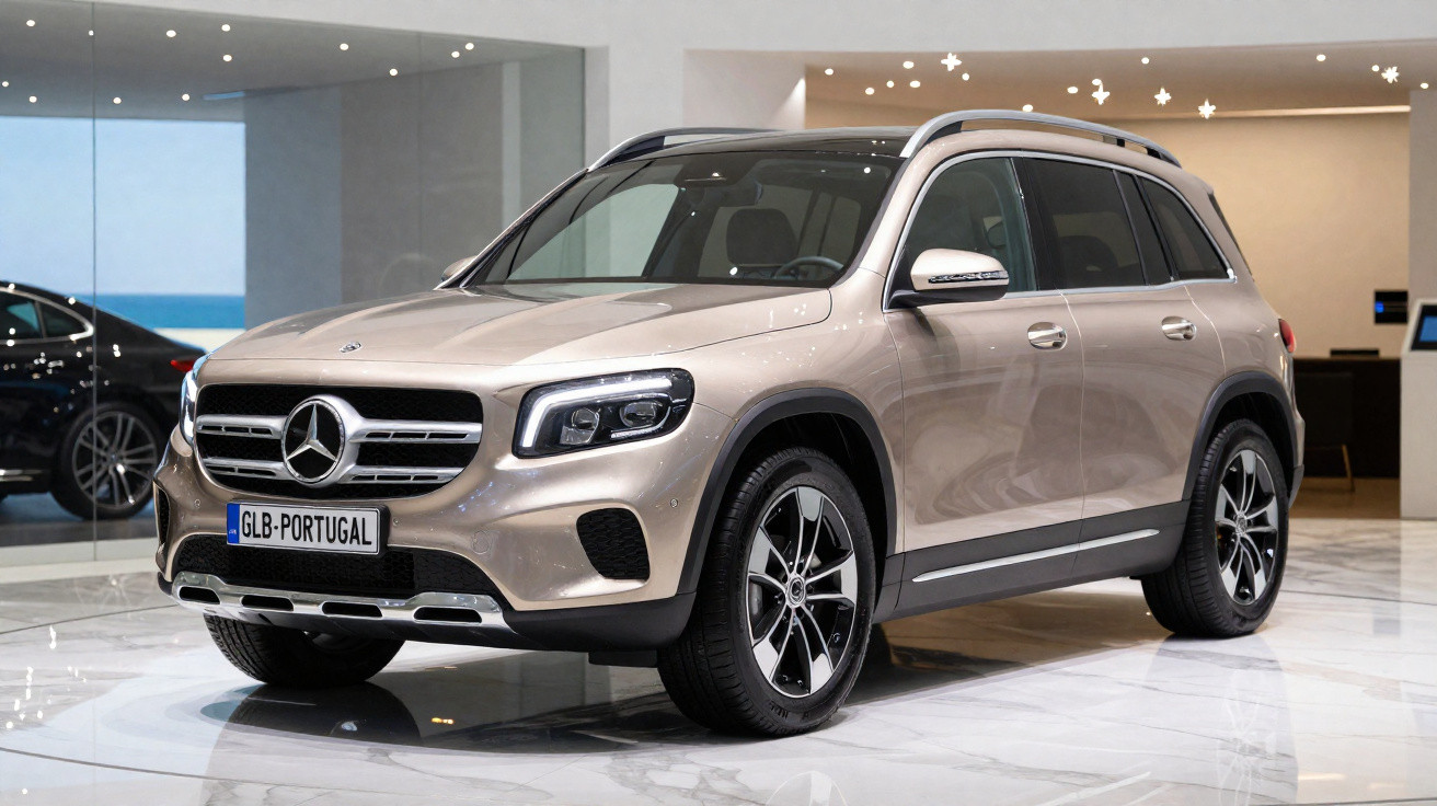 Mercedes-Benz GLB beige exposée en intérieur sur un sol blanc brillant.