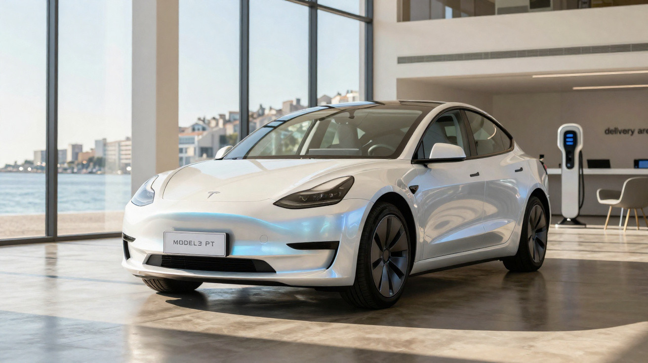 Voiture électrique Tesla Model 3 blanche stationnée dans un showroom moderne avec vue sur l'eau.