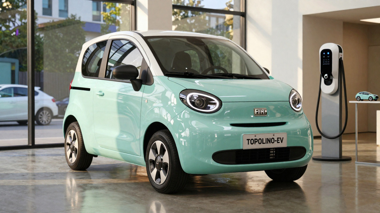 Voiture électrique Fiat Topolino-ev verte mint exposée à l'intérieur près d'une borne de recharge.