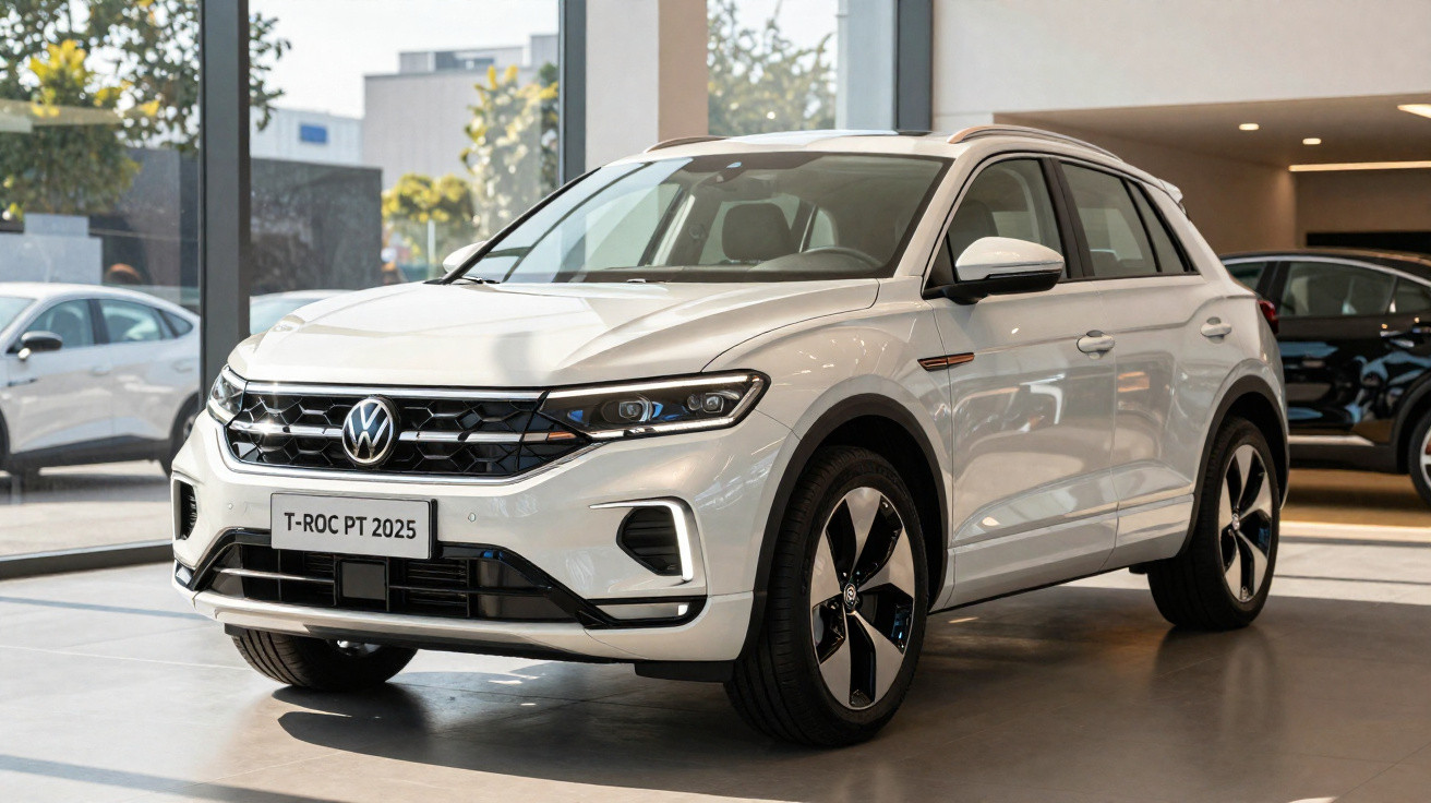 Volkswagen T-Roc blanc 2025 exposé dans un showroom moderne avec lumière naturelle.