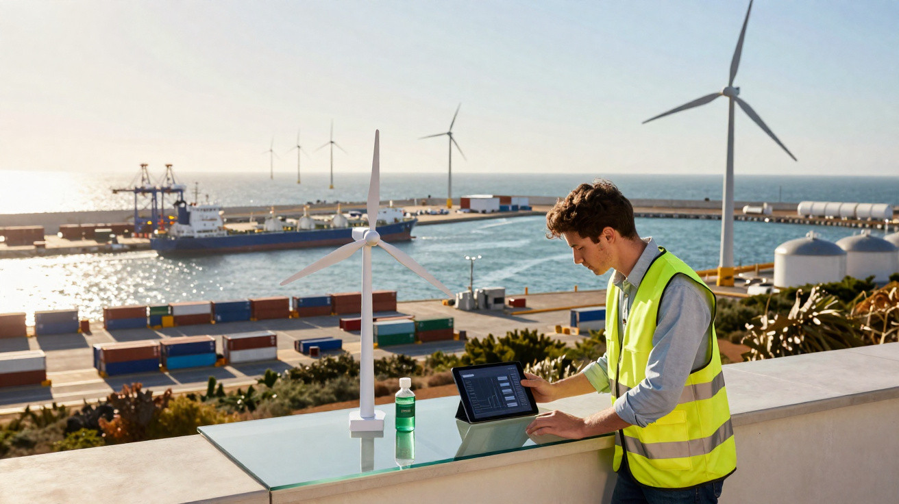 Ingénieur en gilet jaune utilise une tablette près d'une maquette d'éolienne avec un port maritime en arrière-plan.