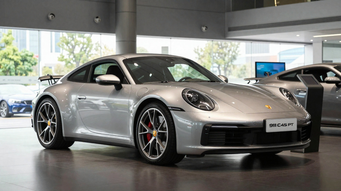 Voiture de sport Porsche 911 C4S PT grise exposée dans un showroom lumineux avec jantes alliage.