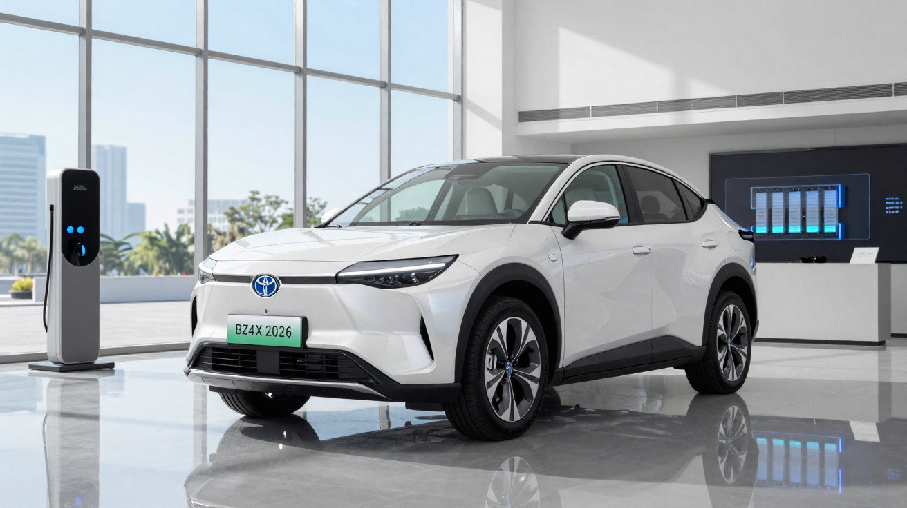 Voiture électrique blanche Toyota BZ4X en charge dans un showroom moderne lumineux avec grandes fenêtres.