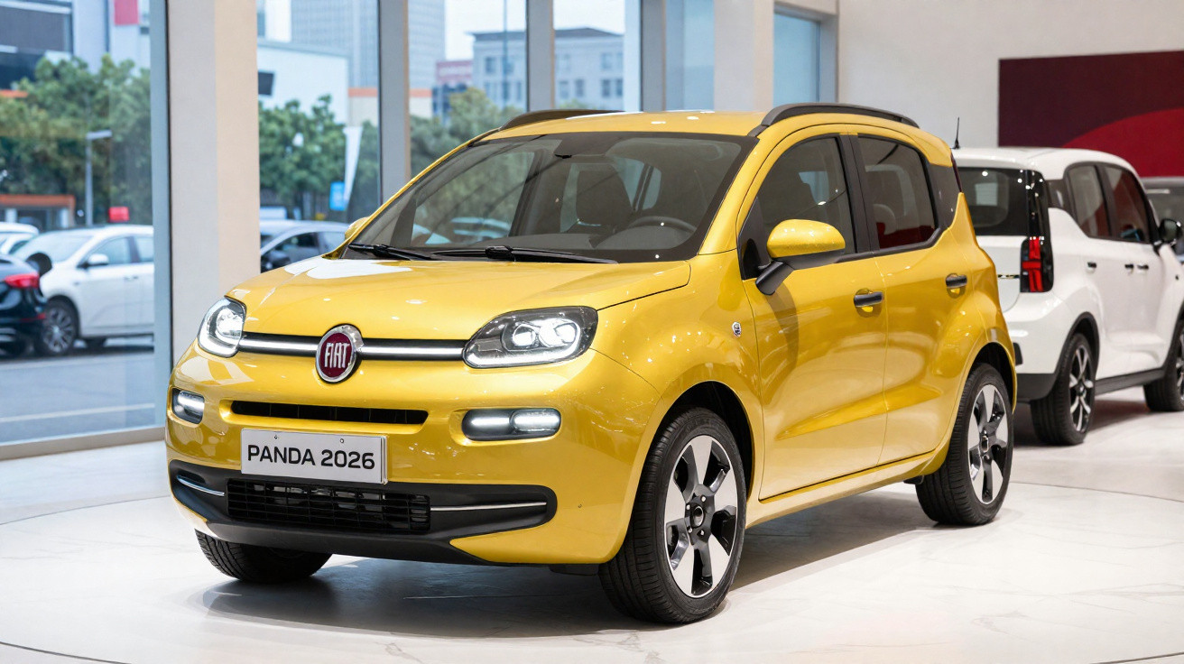 Voiture compacte jaune Fiat Panda 2026 exposée en intérieur moderne avec des vitrines et une autre voiture blanche en arrière