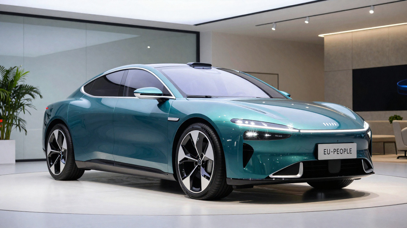 Voiture électrique berline verte métallisée exposée dans un showroom moderne et minimaliste.